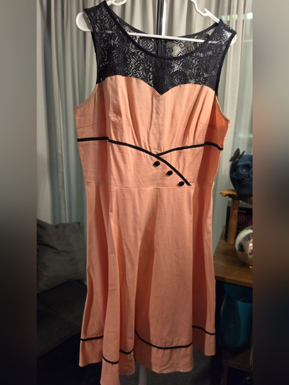 Peach and Black Lace Sleeveless Fit-and-Flare Dress